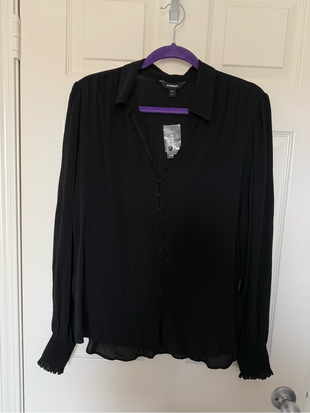 Express Black Button-Front Textured Dot Long Sleeve Blouse, NWT